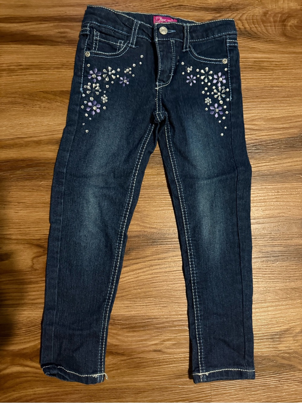 Girls' Dark Blue Jeans with Floral Rhinestone Detail